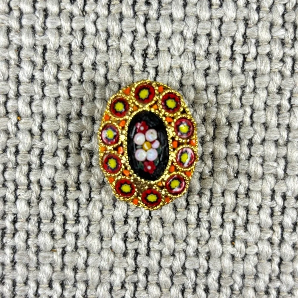 Vintage 1950s Italian Micro Mosaic Brooch Red Yellow Millefiori Floral Pin